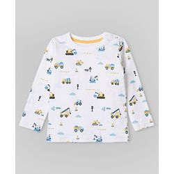 Babyhug 100% Cotton Knit T-Shirts with Full Sleeves and Construction Vehicles Print Pack of 3 - Yellow White Navy Blue