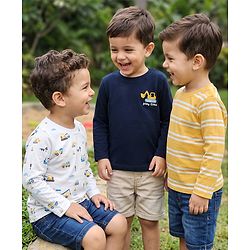 Babyhug 100% Cotton Knit T-Shirts with Full Sleeves and Construction Vehicles Print Pack of 3 - Yellow White Navy Blue