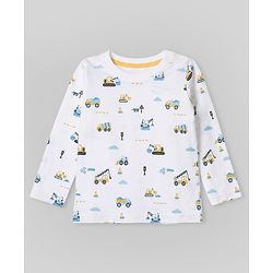 Babyhug 100% Cotton Knit T-Shirts with Full Sleeves and Construction Vehicles Print Pack of 3 - Yellow White Navy Blue