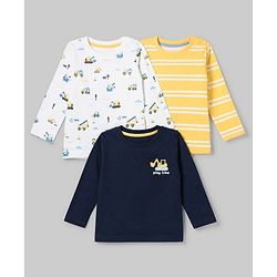 Babyhug 100% Cotton Knit T-Shirts with Full Sleeves and Construction Vehicles Print Pack of 3 - Yellow White Navy Blue