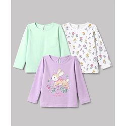 Babyhug 100% Cotton Knit T-Shirts with Full Sleeves and Floral Bunny Print Pack of 3 - Mint Green White Lavender