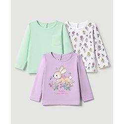 Babyhug 100% Cotton Knit T-Shirts with Full Sleeves and Floral Bunny Print Pack of 3 - Mint Green White Lavender