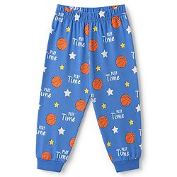 Babyhug 100% Cotton Knit Full Sleeves T-Shirt & Pyjama Night Suit With Tiger & Basket Ball Print - Blue