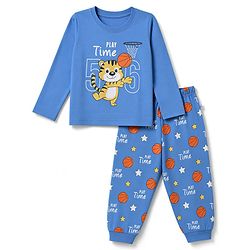 Babyhug 100% Cotton Knit Full Sleeves T-Shirt & Pyjama Night Suit With Tiger & Basket Ball Print - Blue