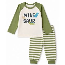 Babyhug 100% Cotton Knit Full Sleeves T-Shirt & Striped Pyjama Nightsuit with Mini Saur Print - Green