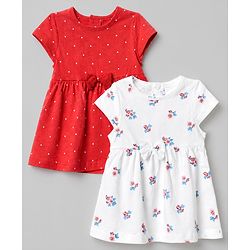 Babyhug Single Jersey Knit Cap Sleeves Polka Dots & Floral Printed Frock With Bow Applique Pack Of 2 - Red & White