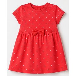 Babyhug Single Jersey Knit Cap Sleeves Polka Dots & Floral Printed Frock With Bow Applique Pack Of 2 - Red & White