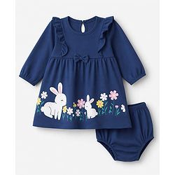 Babyhug Single Jersey Knit Full Sleeves Frock and Bloomer with Bunny Print & Bow Applique - Blue