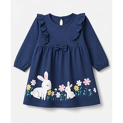 Babyhug Single Jersey Knit Full Sleeves Frock and Bloomer with Bunny Print & Bow Applique - Blue