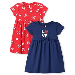 Babyhug Cotton Interlock Knit Half Sleeves Frocks With Heart & Love Print Pack of 2  - Red & Navy Blue