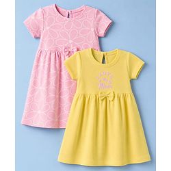Babyhug Single Jersey Knit Half Sleeves Hearts & Text Printed Frocks With Bow Applique Pack Of 2 - Pink & Yellow
