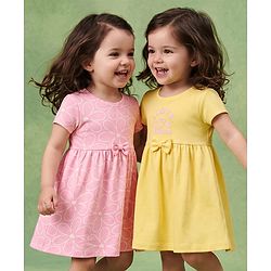 Babyhug Single Jersey Knit Half Sleeves Hearts & Text Printed Frocks With Bow Applique Pack Of 2 - Pink & Yellow