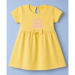 Babyhug Single Jersey Knit Half Sleeves Hearts & Text Printed Frocks With Bow Applique Pack Of 2 - Pink & Yellow