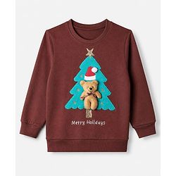 Babyhug 100% Cotton Knit Full Sleeves Sweatshirt With Bear Applique - Brown