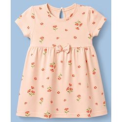 Babyhug Single Jersey Knit Half Sleeves Polka Dots & Floral Printed Frocks With Bow Applique Pack Of 2 - Orange & Peach