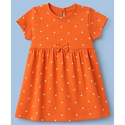 Babyhug Single Jersey Knit Half Sleeves Polka Dots & Floral Printed Frocks With Bow Applique Pack Of 2 - Orange & Peach