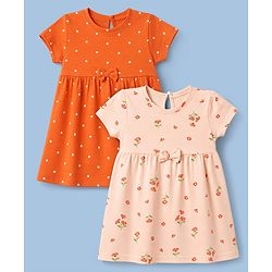 Babyhug Single Jersey Knit Half Sleeves Polka Dots & Floral Printed Frocks With Bow Applique Pack Of 2 - Orange & Peach