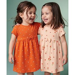 Babyhug Single Jersey Knit Half Sleeves Polka Dots & Floral Printed Frocks With Bow Applique Pack Of 2 - Orange & Peach
