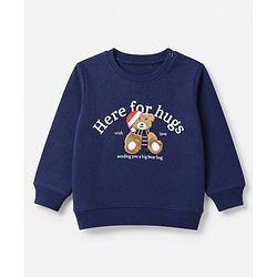 Babyhug 100% Cotton Heavy Gauge Terry Knit Sweatshirt With Full Sleeves and Bear Embroidery & Text Print - Navy