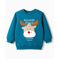 Babyhug 100% Cotton Terry Knit Sweatshirt with Full Sleeves and Reindeer Applique - Blue