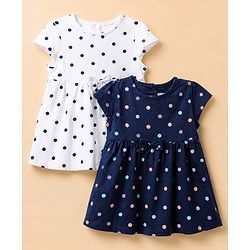 Babyhug Single Jersey Knit Frock with Half Sleeve and Polka Dots Print in White & Black Pack of 2