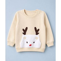 Babyhug 100% Cotton Terry Knit Heavy Gauge Sweatshirt with Full Sleeves and Reindeer Applique in Offwhite