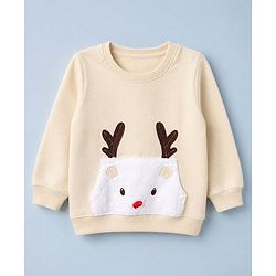 Babyhug 100% Cotton Terry Knit Heavy Gauge Sweatshirt with Full Sleeves and Reindeer Applique in Offwhite