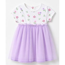Babyhug Mesh Knit One Piece Dress with Short Sleeves and Floral Print - Lavender