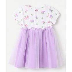 Babyhug Mesh Knit One Piece Dress with Short Sleeves and Floral Print - Lavender