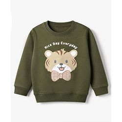 Babyhug 100% Cotton Heavy Gauge Terry Sweatshirt with Full Sleeves and Tiger Print & Bow Patch - Olive Green