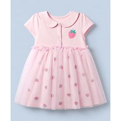 Babyhug Single Jersey Knit Frock with Half Sleeves and Strawberry Print in Pink