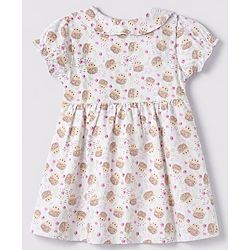 Babyhug Single Jersey Dress with Half Sleeves and Hedgehog Print in White for 3-6 Months