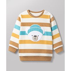 Babyhug 100% Cotton Heavy Gauge Terry Striped Sweatshirt with Full Sleeves and Bear Patch - White