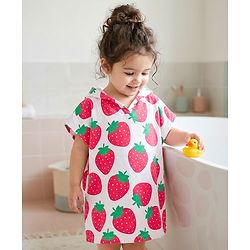 Babyhug Knit Cotton Knit Hooded Poncho With Strawberry Print - White