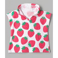 Babyhug Knit Cotton Knit Hooded Poncho With Strawberry Print - White