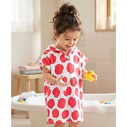 Babyhug Knit Cotton Knit Hooded Poncho With Apple Print - White