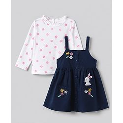 Babyhug Cotton Woven Full Sleeves Frock and Tee with Rabbit Embroidery and Floral Print in Navy Blue for 6-9 Months