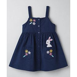 Babyhug Cotton Woven Full Sleeves Frock and Tee with Rabbit Embroidery and Floral Print in Navy Blue for 6-9 Months