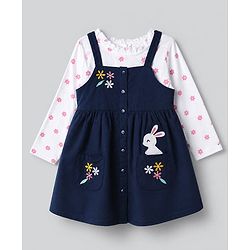 Babyhug Cotton Woven Full Sleeves Frock and Tee with Rabbit Embroidery and Floral Print in Navy Blue for 6-9 Months