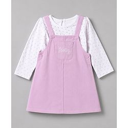 Babyhug Cotton Woven Frock and Inner Tee and Purse with Full Sleeves and Pretty Text Embroidery - Lavender