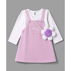 Babyhug Cotton Woven Frock and Inner Tee and Purse with Full Sleeves and Pretty Text Embroidery - Lavender
