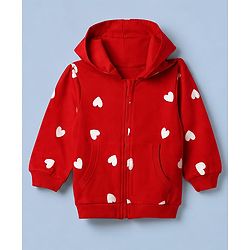 Babyhug 100% Cotton Terry Knit Sweatjackets With Full Sleeves and Hearts Print - Red