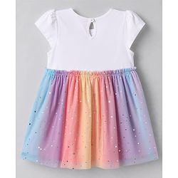 Babyhug Single Jersey Knit Half Sleeves Kitty & Unicorn Theme Printed Frock With Bloomer & Headband - White