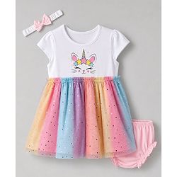 Babyhug Single Jersey Knit Half Sleeves Kitty & Unicorn Theme Printed Frock With Bloomer & Headband - White