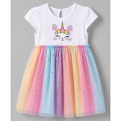Babyhug Single Jersey Knit Half Sleeves Kitty & Unicorn Theme Printed Frock With Bloomer & Headband - White