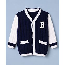 Babyhug Knit Front Open Sweaters with Full Sleeves and B Patch in Navy Blue
