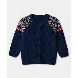 Babyhug Cable Knit Cardigan with Full Sleeves and Geometric Pattern Design in Navy Blue