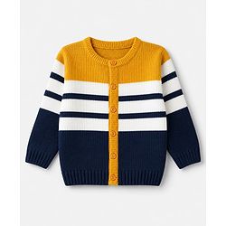 Babyhug Knit Full Sleeves Striped Sweater Set - Mustard & Navy Blue