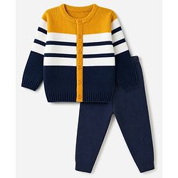 Babyhug Knit Full Sleeves Striped Sweater Set - Mustard & Navy Blue