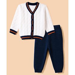 Babyhug Cable Knit Full Sleeves Sweater Set - White & Navy Blue